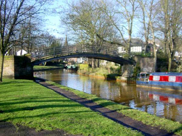 The iron footbridge looking towards the Packet House, Worsley, on the Bridgewater Canal