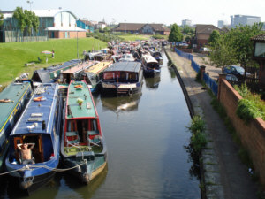 Boats assembled at Eldonian Village on the Leeds and Liverpool Canal